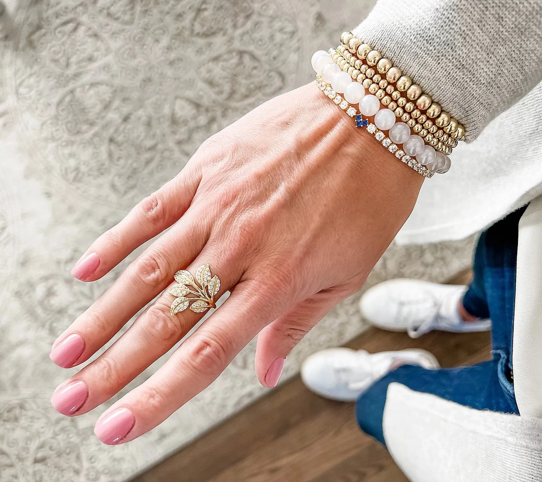 Gemstone Blooming Leaf Pave Ring, Sterling Silver