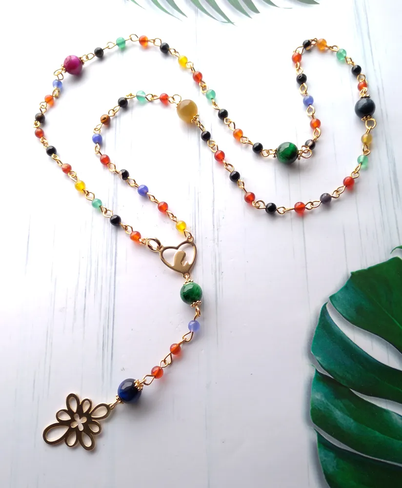 Gemstone Rosary with Metal Cross Necklace