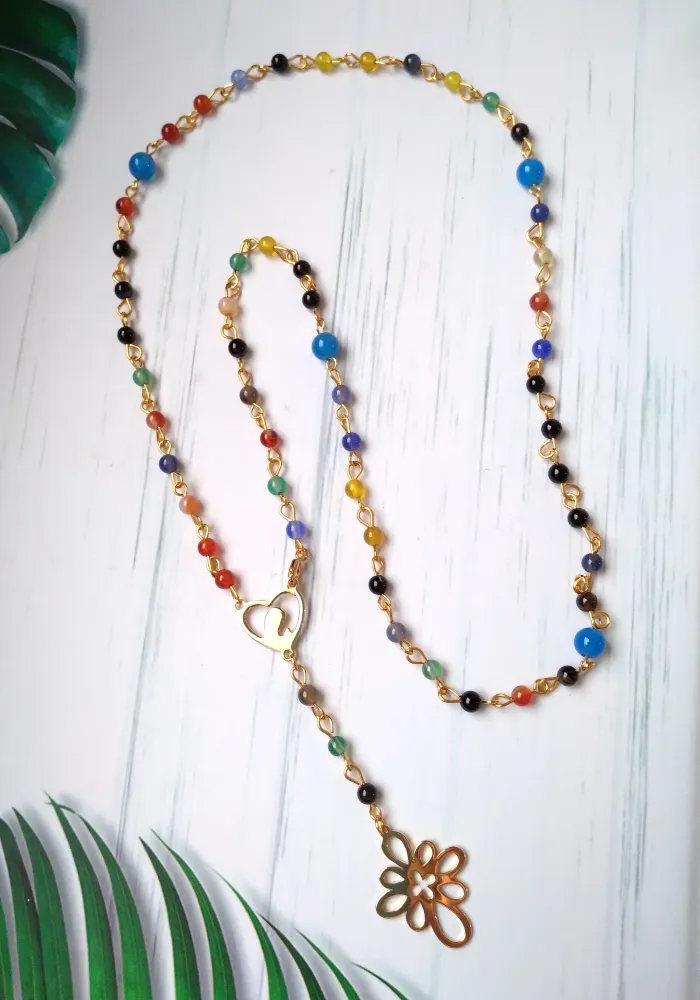 Gemstone Rosary with Metal Cross Necklace