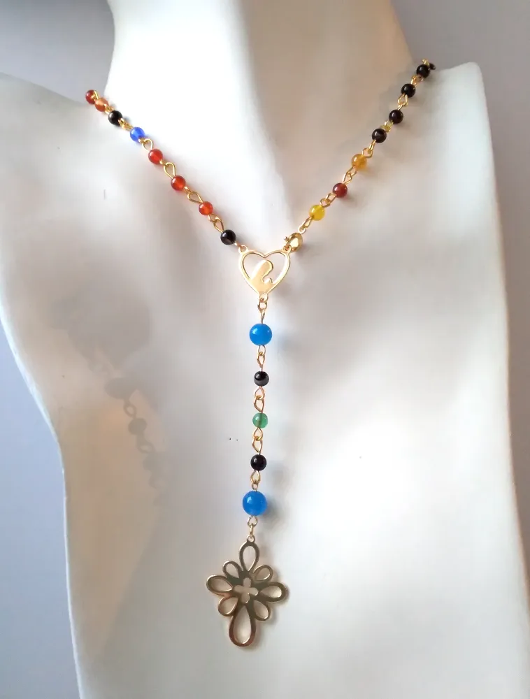 Gemstone Rosary with Metal Cross Necklace