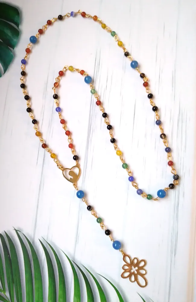 Gemstone Rosary with Metal Cross Necklace