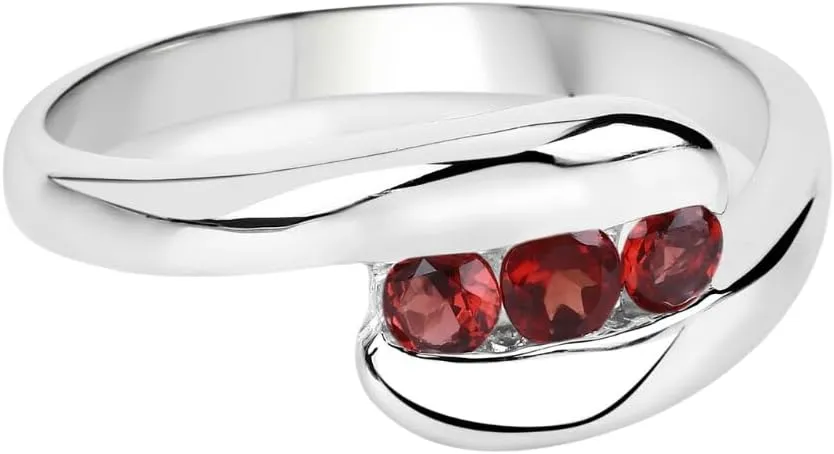 Genuine Garnet Bypass Ring in .925 Sterling Silver with Rhodium Plating 3 Stone Red Ring Natural Round Shaped Garnets in Channel setting January Birthstone Jewelry Gift For Women