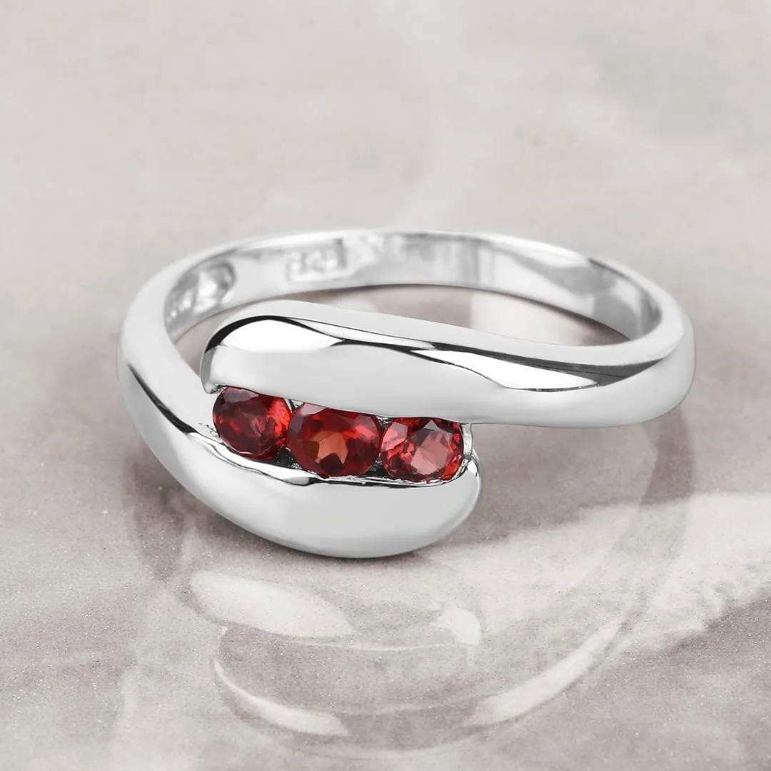 Genuine Garnet Bypass Ring in .925 Sterling Silver with Rhodium Plating 3 Stone Red Ring Natural Round Shaped Garnets in Channel setting January Birthstone Jewelry Gift For Women