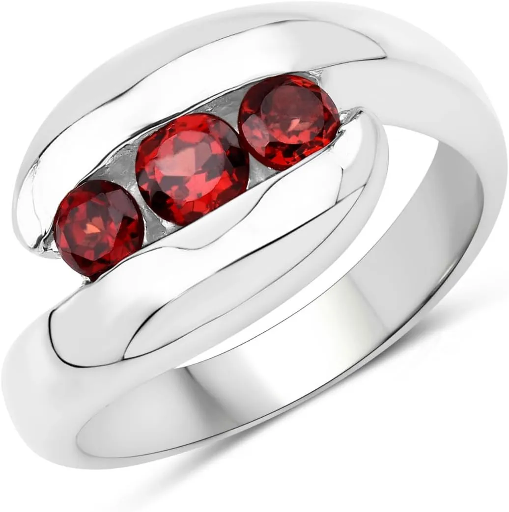 Genuine Garnet Bypass Ring in .925 Sterling Silver with Rhodium Plating 3 Stone Red Ring Natural Round Shaped Garnets in Channel setting January Birthstone Jewelry Gift For Women