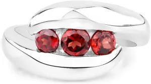 Genuine Garnet Bypass Ring in .925 Sterling Silver with Rhodium Plating 3 Stone Red Ring Natural Round Shaped Garnets in Channel setting January Birthstone Jewelry Gift For Women