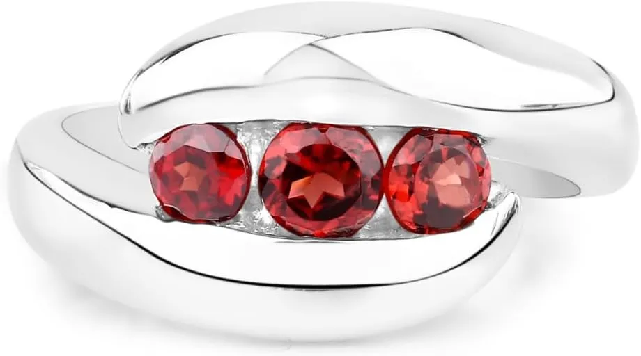 Genuine Garnet Bypass Ring in .925 Sterling Silver with Rhodium Plating 3 Stone Red Ring Natural Round Shaped Garnets in Channel setting January Birthstone Jewelry Gift For Women