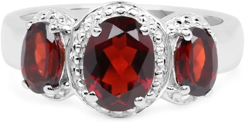 Genuine Garnet Ring in .925 Sterling Silver with Rhodium Plating 3 Stone Red Ring 2.62 Carat Natural Oval Shaped Garnets in Prong Setting January Birthstone Jewelry Gift For Women