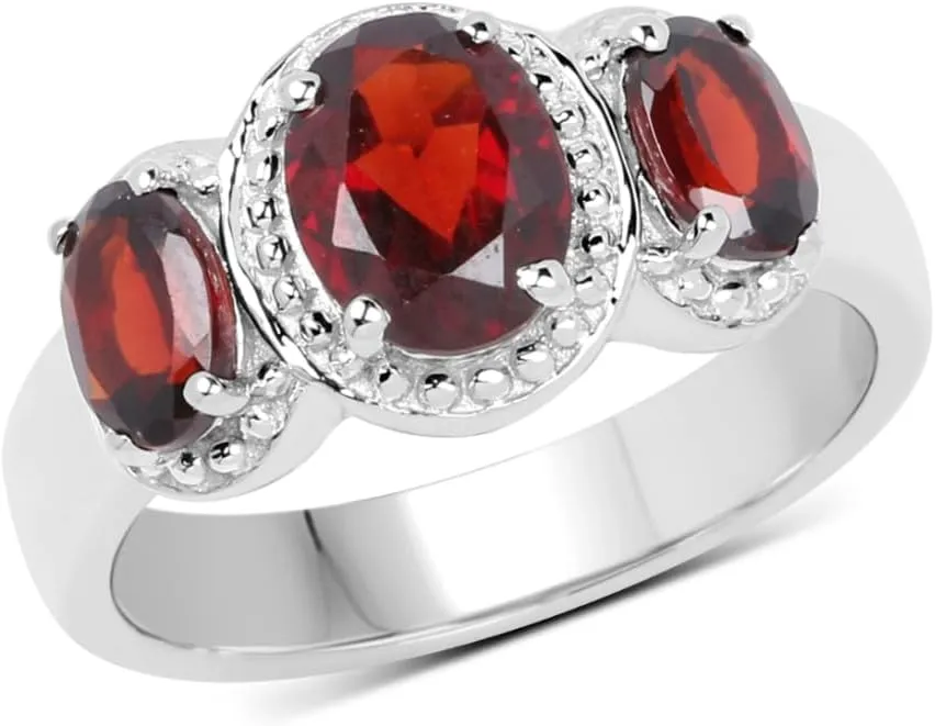 Genuine Garnet Ring in .925 Sterling Silver with Rhodium Plating 3 Stone Red Ring 2.62 Carat Natural Oval Shaped Garnets in Prong Setting January Birthstone Jewelry Gift For Women