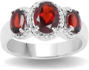 Genuine Garnet Ring in .925 Sterling Silver with Rhodium Plating 3 Stone Red Ring 2.62 Carat Natural Oval Shaped Garnets in Prong Setting January Birthstone Jewelry Gift For Women