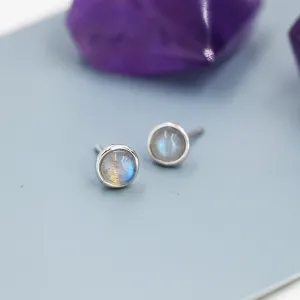 Genuine Labradorite Earrings in Sterling Silver, 4mm or 5mm, Cabochon Bezel Stud Earrings