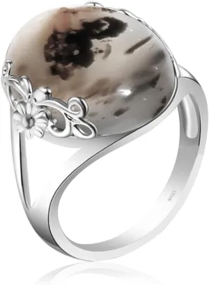 Genuine Rare Yemeni Agate Ring for Women Girls,White Moss Agate Gemstone Ring,S925 Sterling Silver Edged with Flower Vine Genuine Quartz Crystal Gemstone Turkish Ring Jewelry Gift for Her