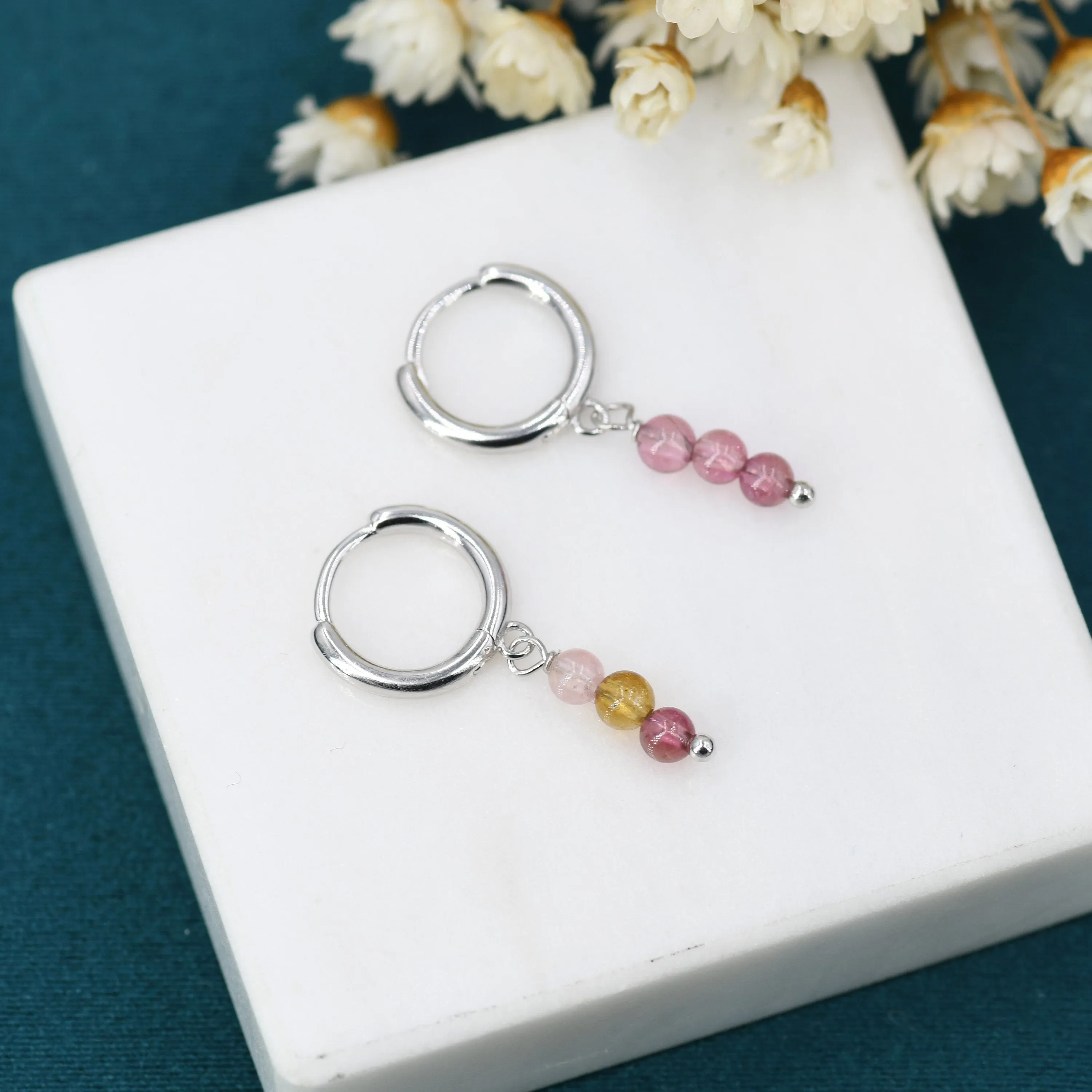Genuine Tourmaline Beads Trio Huggie Hoop Earrings in Sterling Silver, Natural Tourmaline Crystal Cluster Dangle Earrings, Three Stone Hoops