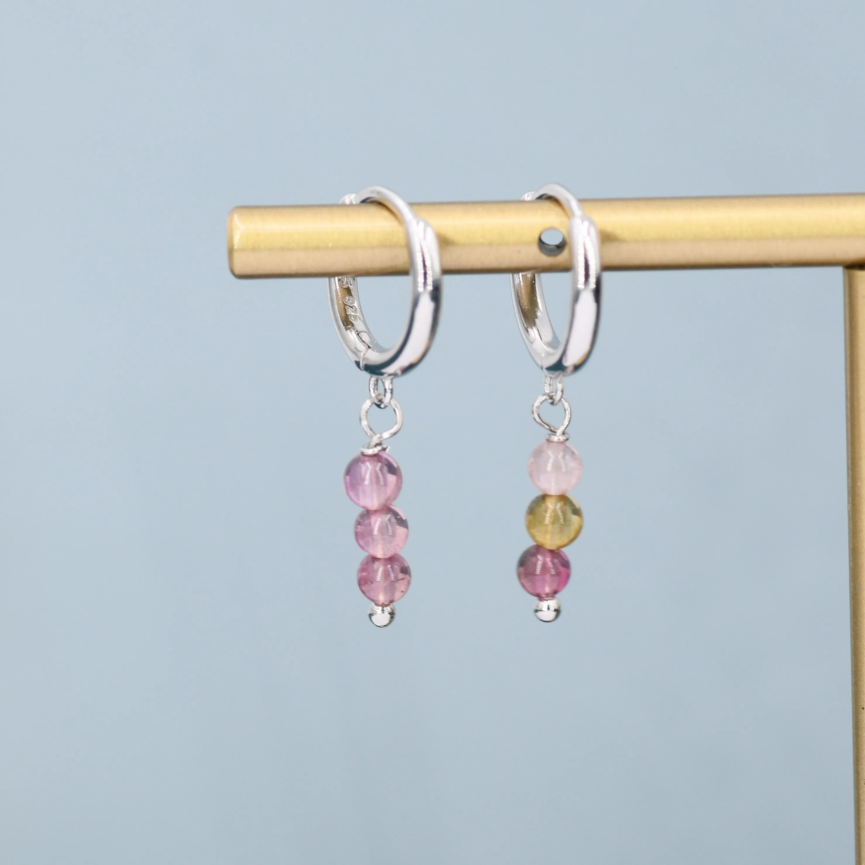 Genuine Tourmaline Beads Trio Huggie Hoop Earrings in Sterling Silver, Natural Tourmaline Crystal Cluster Dangle Earrings, Three Stone Hoops