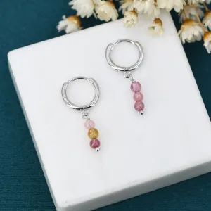 Genuine Tourmaline Beads Trio Huggie Hoop Earrings in Sterling Silver, Natural Tourmaline Crystal Cluster Dangle Earrings, Three Stone Hoops