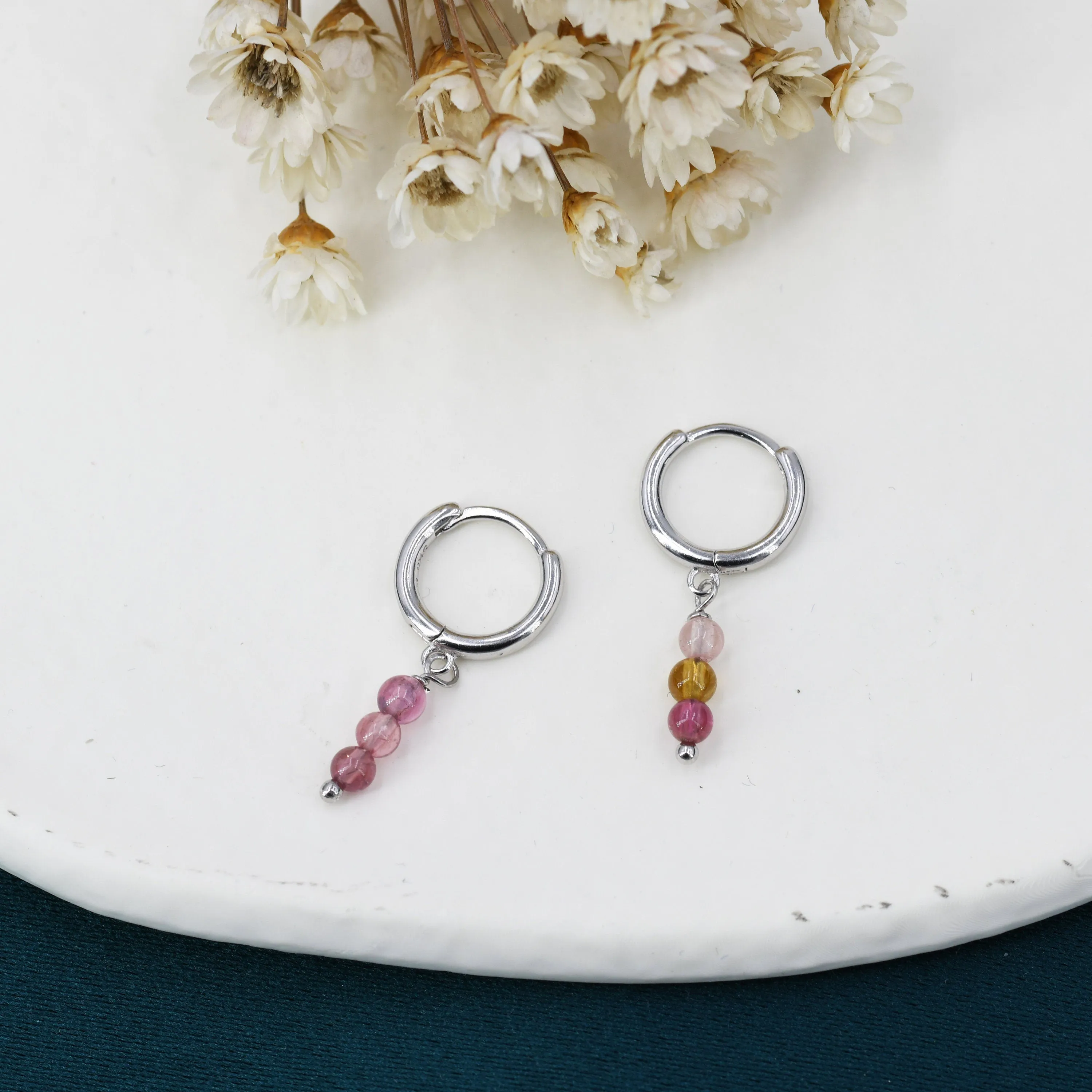 Genuine Tourmaline Beads Trio Huggie Hoop Earrings in Sterling Silver, Natural Tourmaline Crystal Cluster Dangle Earrings, Three Stone Hoops