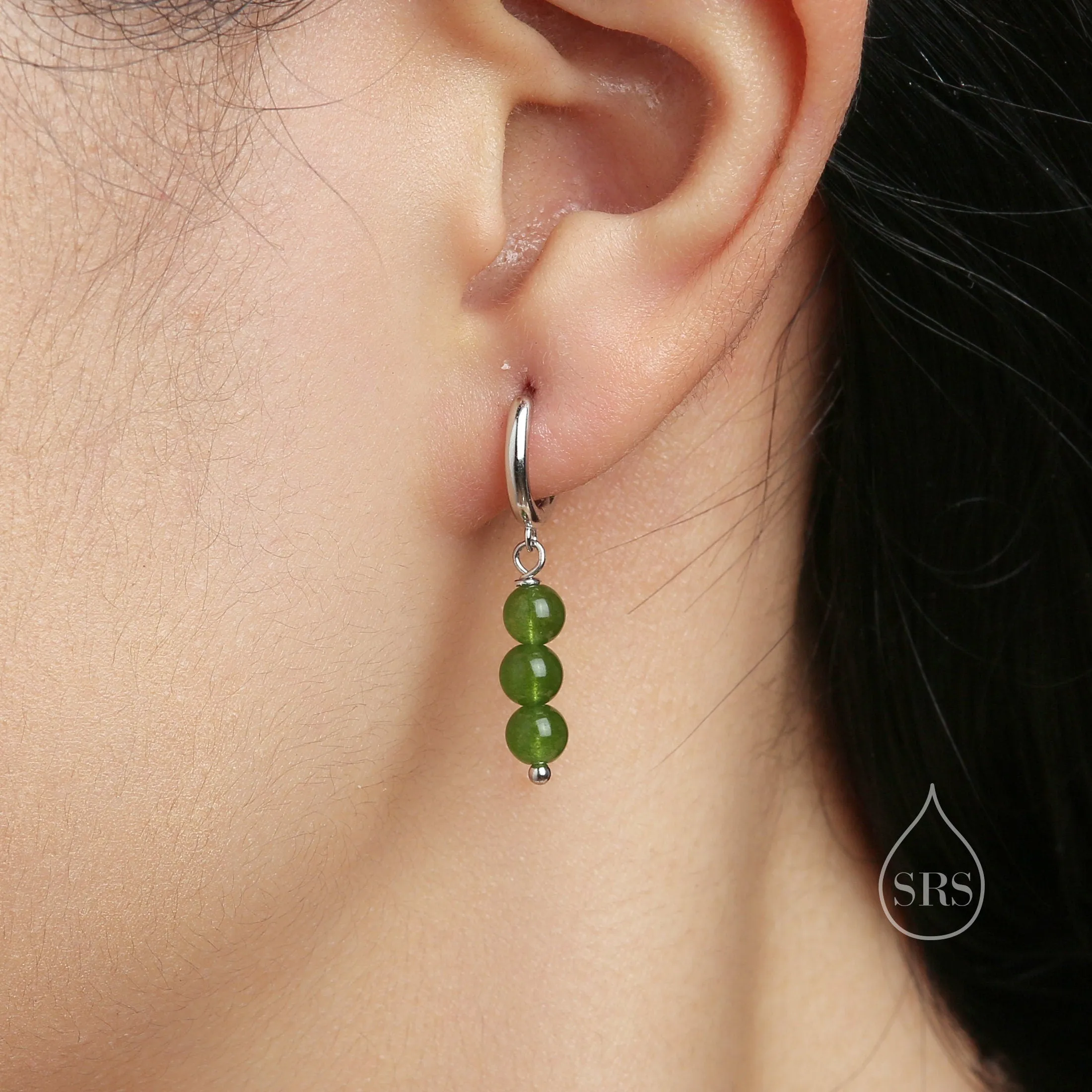 Genuine Tourmaline Beads Trio Huggie Hoop Earrings in Sterling Silver, Natural Tourmaline Crystal Cluster Dangle Earrings, Three Stone Hoops