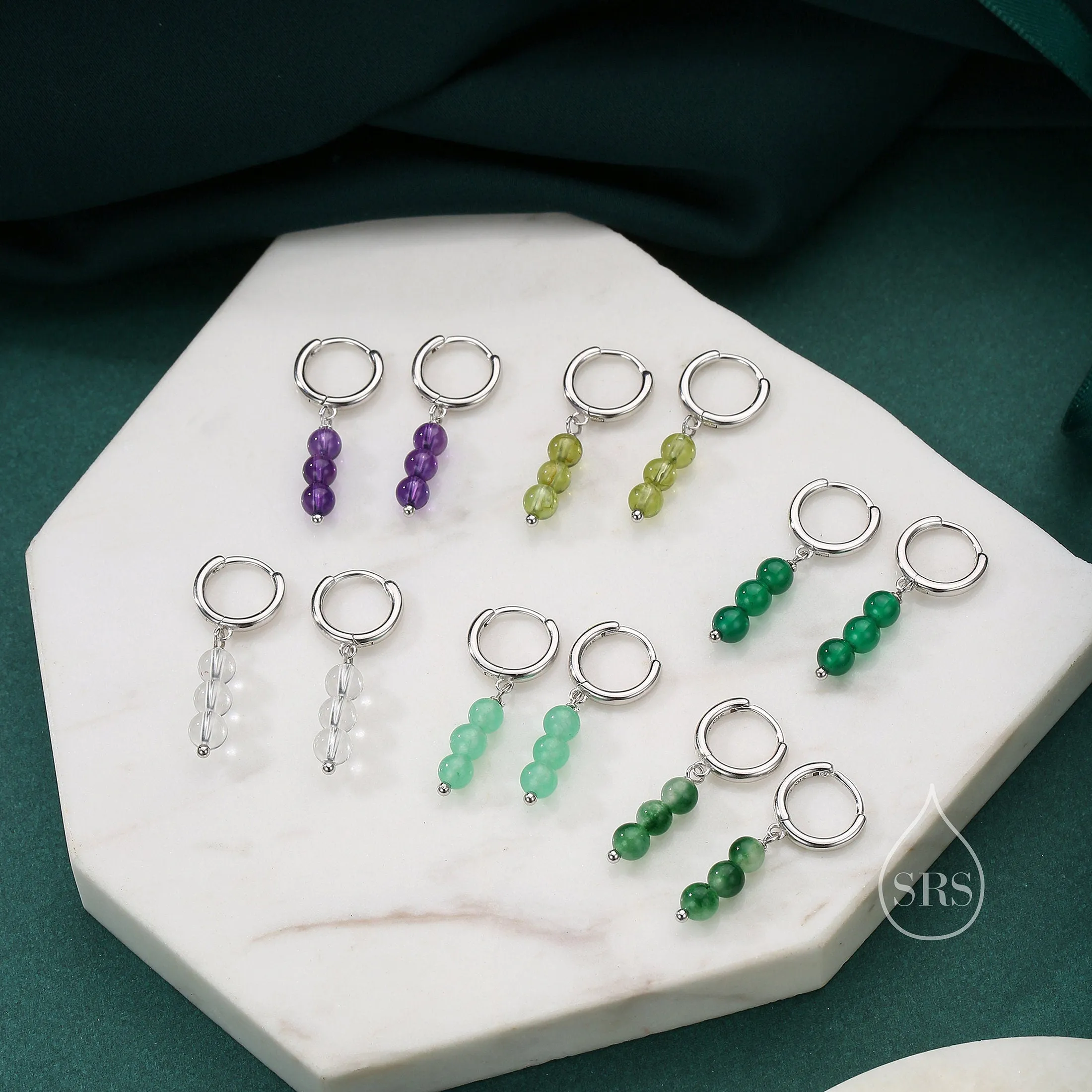 Genuine Tourmaline Beads Trio Huggie Hoop Earrings in Sterling Silver, Natural Tourmaline Crystal Cluster Dangle Earrings, Three Stone Hoops