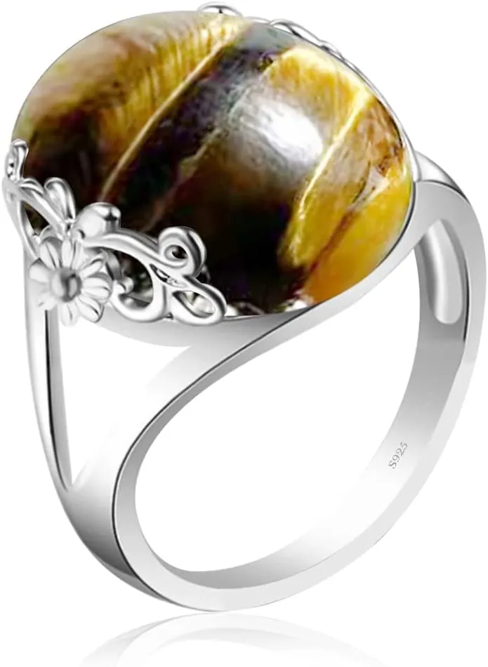Genuine Yellow Tiger Eye Stone Ring for Women,S925 Sterling Silver Edged with Flower Vine Genuine Quartz Crystal Gemstone Turkish Ring Jewelry