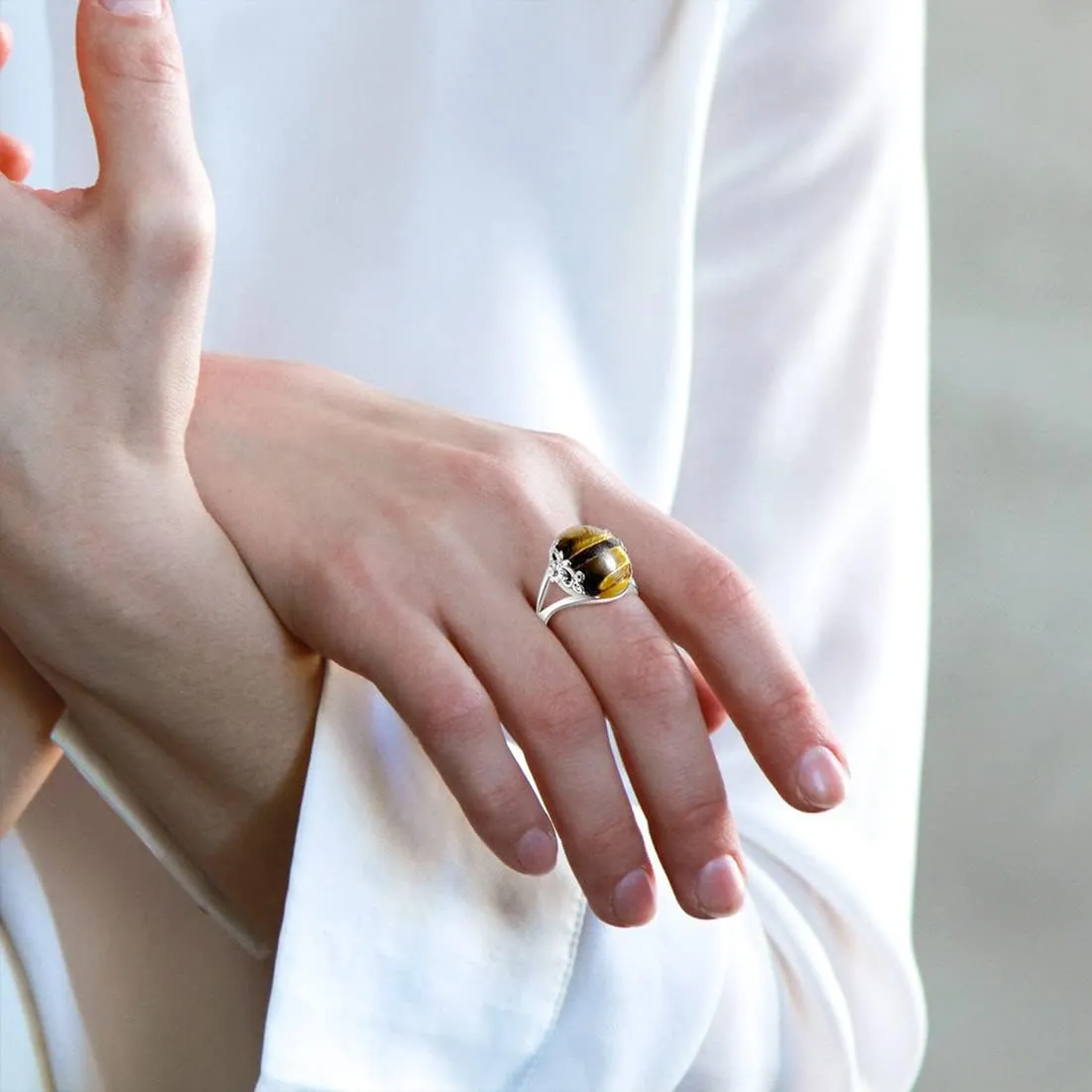 Genuine Yellow Tiger Eye Stone Ring for Women,S925 Sterling Silver Edged with Flower Vine Genuine Quartz Crystal Gemstone Turkish Ring Jewelry