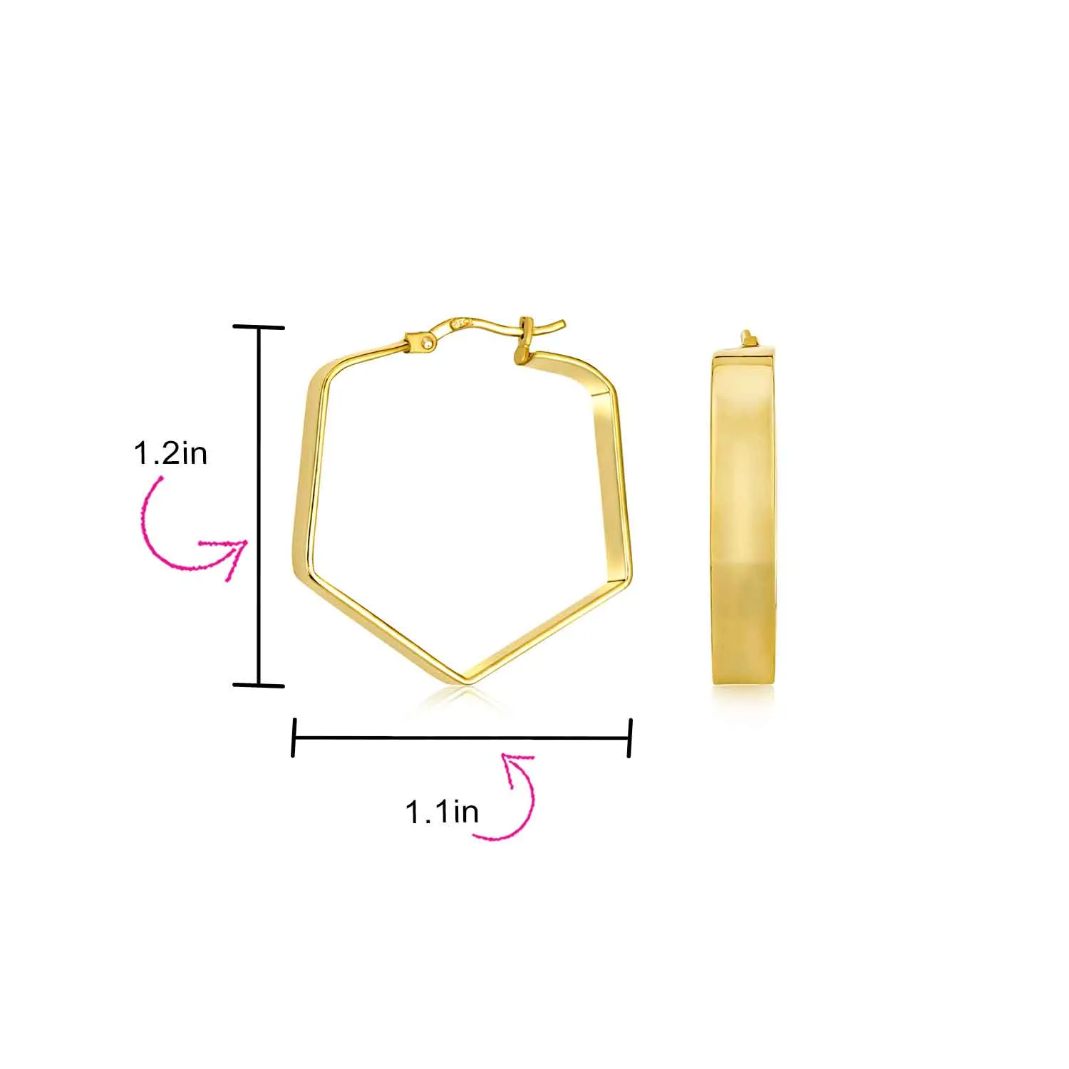 Geometric Flat Hexagon Hoop Huggie Earrings 14K Gold Plated Sterling Silver 1.25"