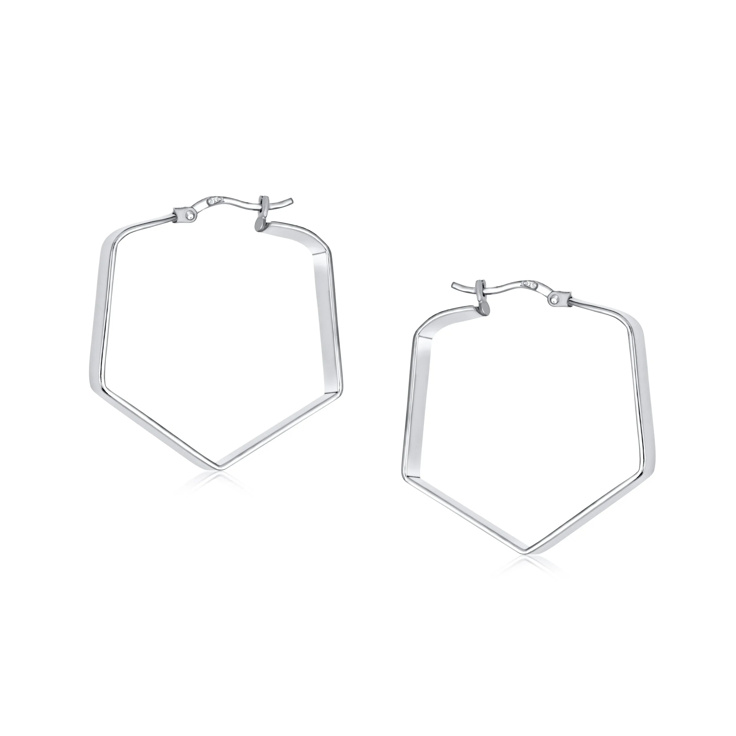 Geometric Flat Hexagon Hoop Huggie Earrings 14K Gold Plated Sterling Silver 1.25"