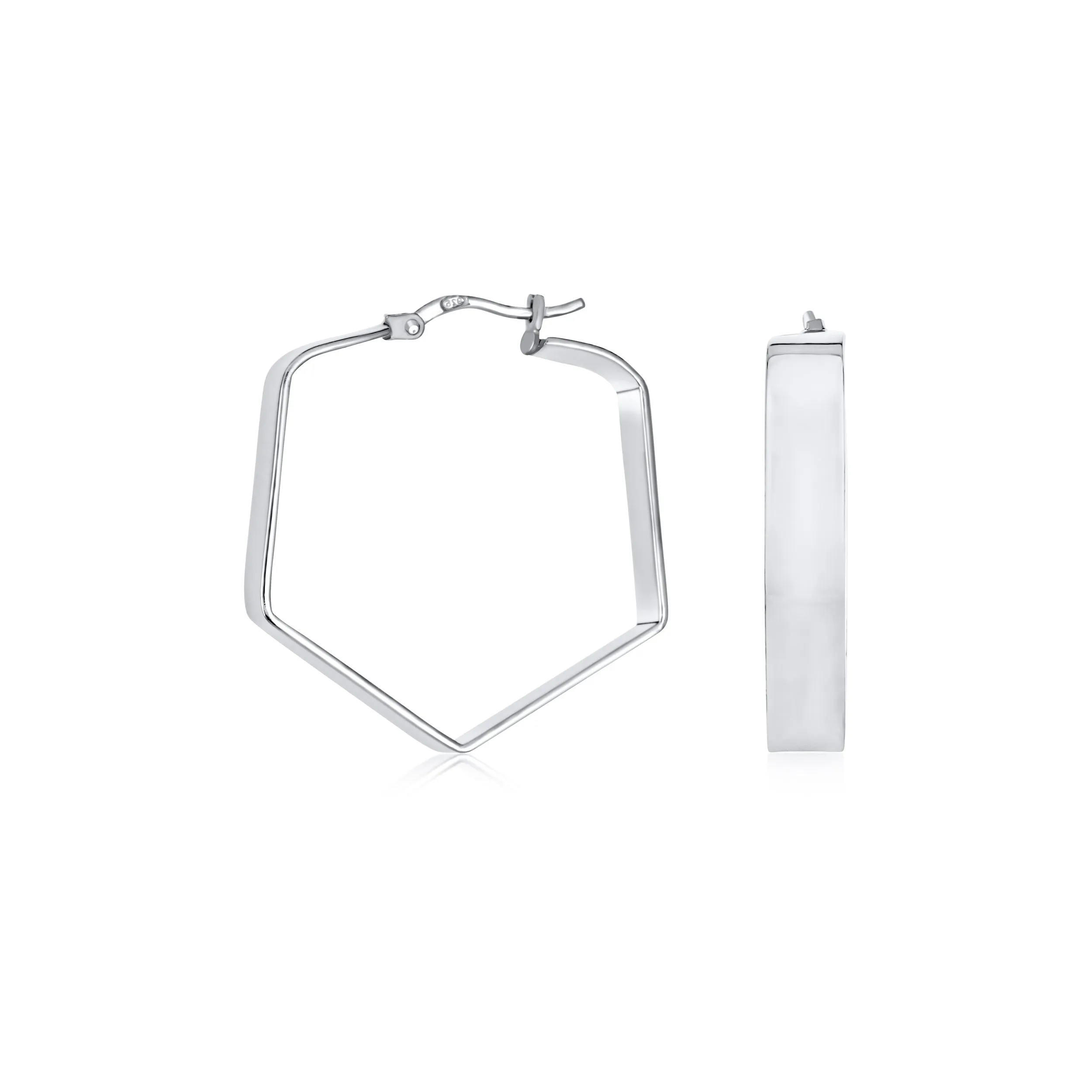 Geometric Flat Hexagon Hoop Huggie Earrings 14K Gold Plated Sterling Silver 1.25"
