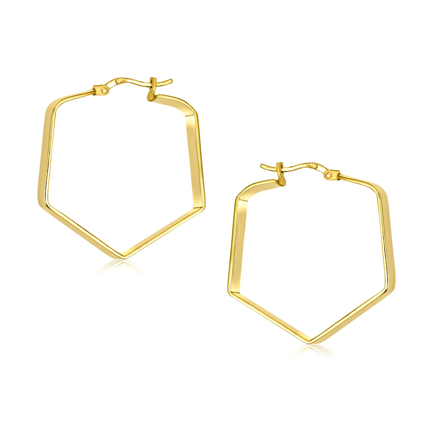 Geometric Flat Hexagon Hoop Huggie Earrings 14K Gold Plated Sterling Silver 1.25"