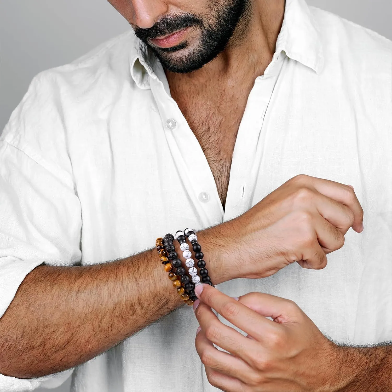 GolbalJew 8 Pcs Beaded Bracelets for Men Women Stretch Stone Beads Bracelets Set Unisex Jewelry Gift