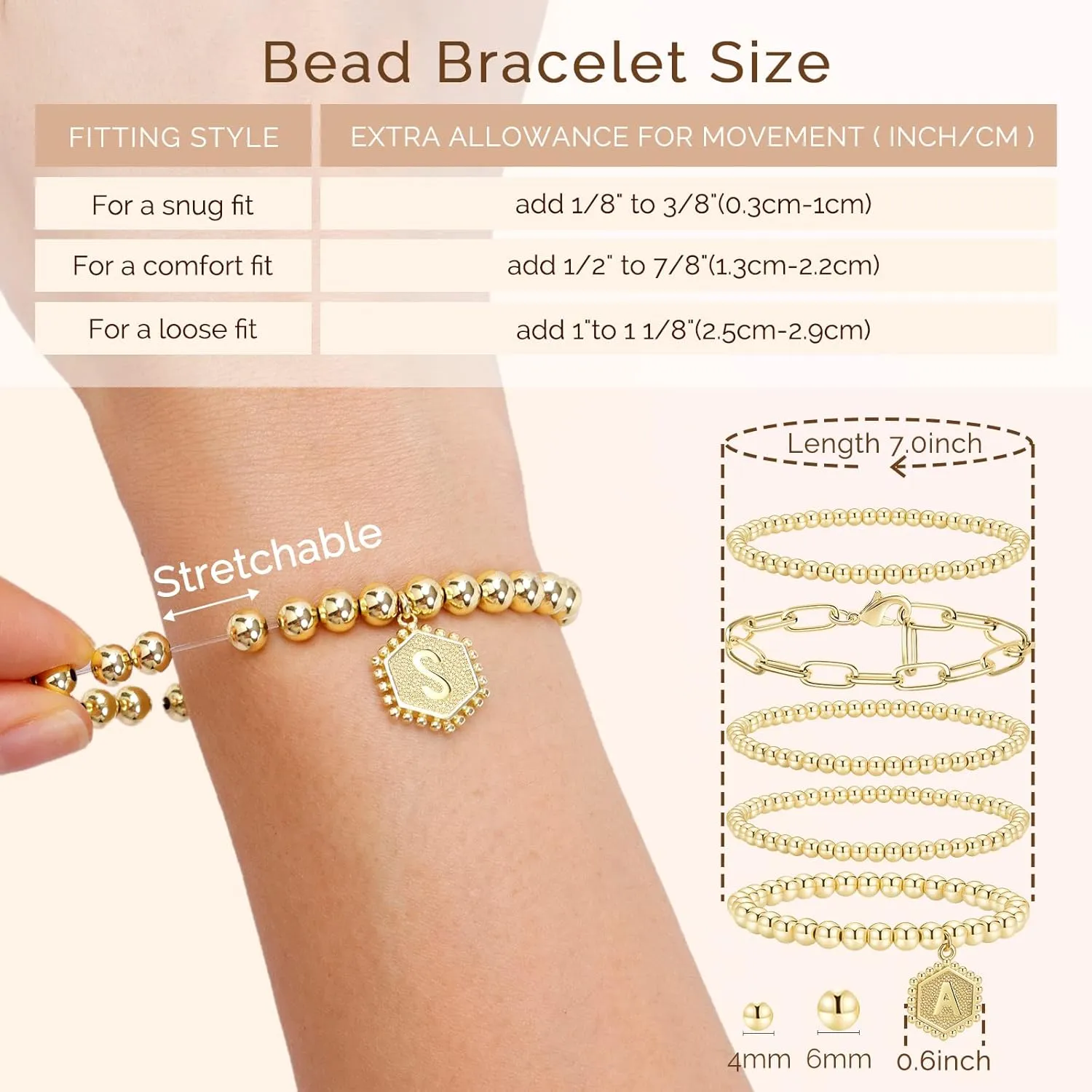 Gold Beaded Bracelet for Women - 14K Real Gold Plated Bead Bracelet Stretchable Elastic Chain Ball Bracelet Kit Jewelry Gifts with Letter Pendant