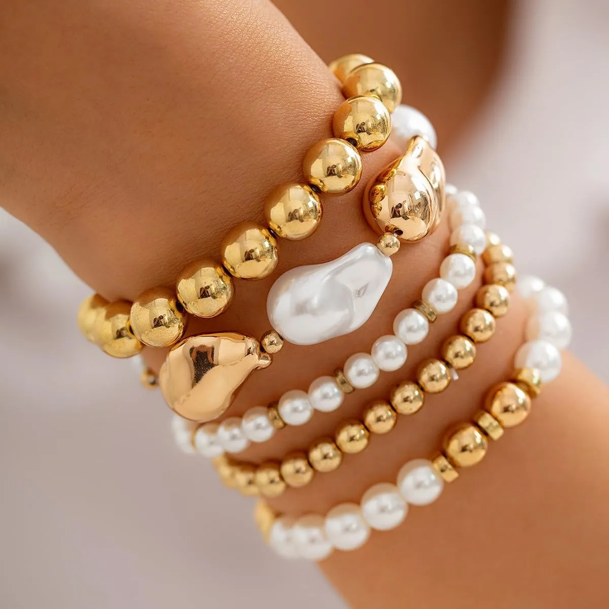 Gold Beaded Bracelets for Women Trendy Stackable Gold Bracelet Stretch Gold Beaded Bracelets Elegant Beaded Pearl Bracelets Chunky Gold Beaded Bracelet Set Jewelry