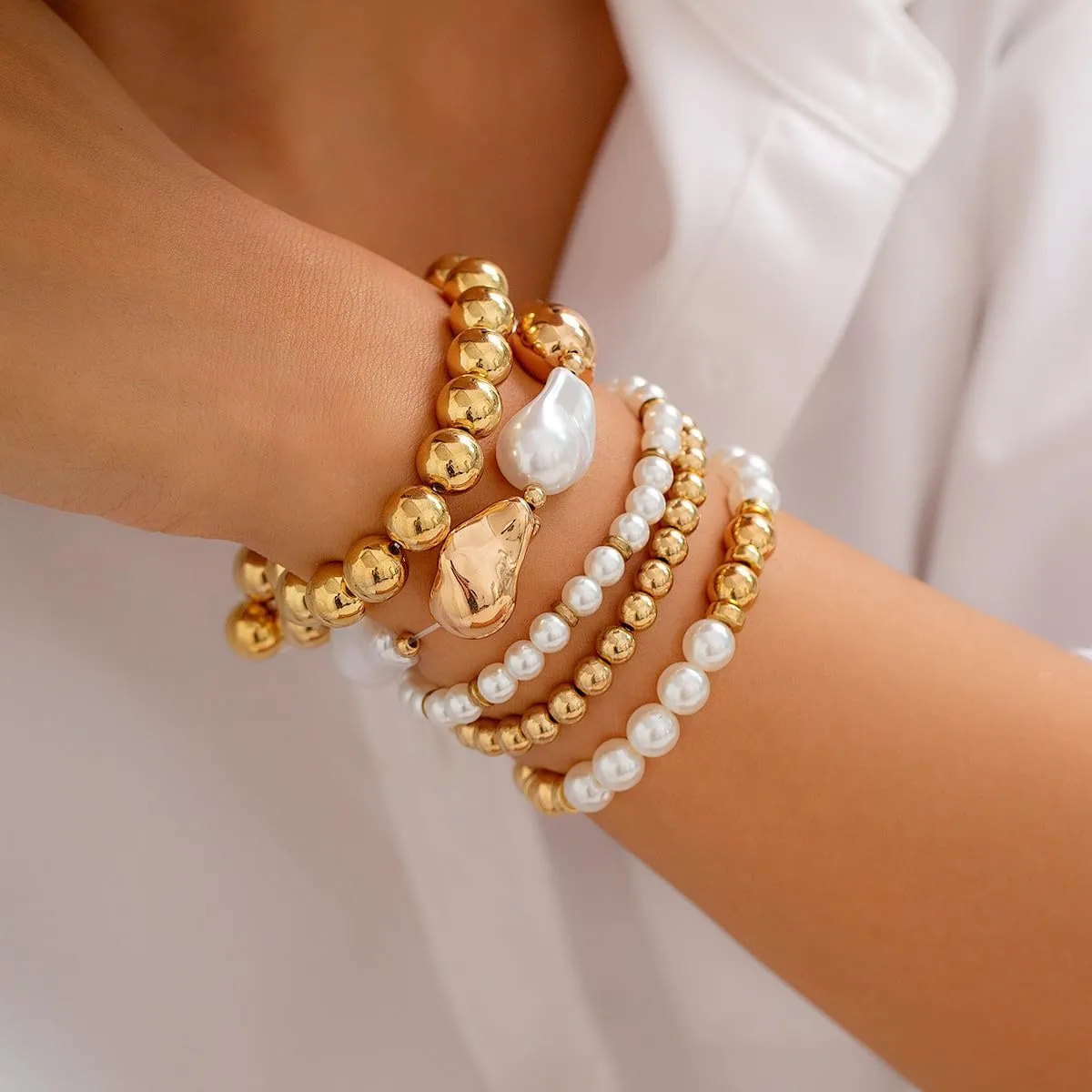 Gold Beaded Bracelets for Women Trendy Stackable Gold Bracelet Stretch Gold Beaded Bracelets Elegant Beaded Pearl Bracelets Chunky Gold Beaded Bracelet Set Jewelry