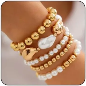 Gold Beaded Bracelets for Women Trendy Stackable Gold Bracelet Stretch Gold Beaded Bracelets Elegant Beaded Pearl Bracelets Chunky Gold Beaded Bracelet Set Jewelry