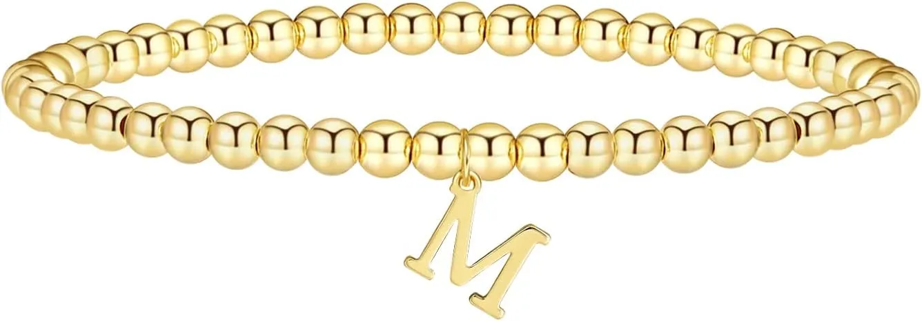 Gold Bracelets for Women Dainty 14K Gold Plated Charm Bracelet Beaded Bracelets for Women Gold Initial Stretch Bead Bracelet Elastic Bracelet for Women Trendy Gift