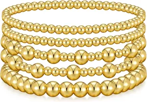 Gold Bracelets for Women Gold Bracelet Stack Gold Beaded Bracelets for Women 14K Gold Plated Stretch Bead Ball Bracelet Sets Jewelry for Birthday Gifts