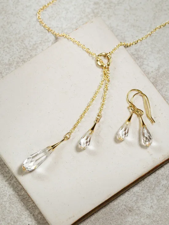 Gold Clear Rain Drop Lariat Necklace