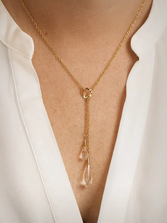 Gold Clear Rain Drop Lariat Necklace