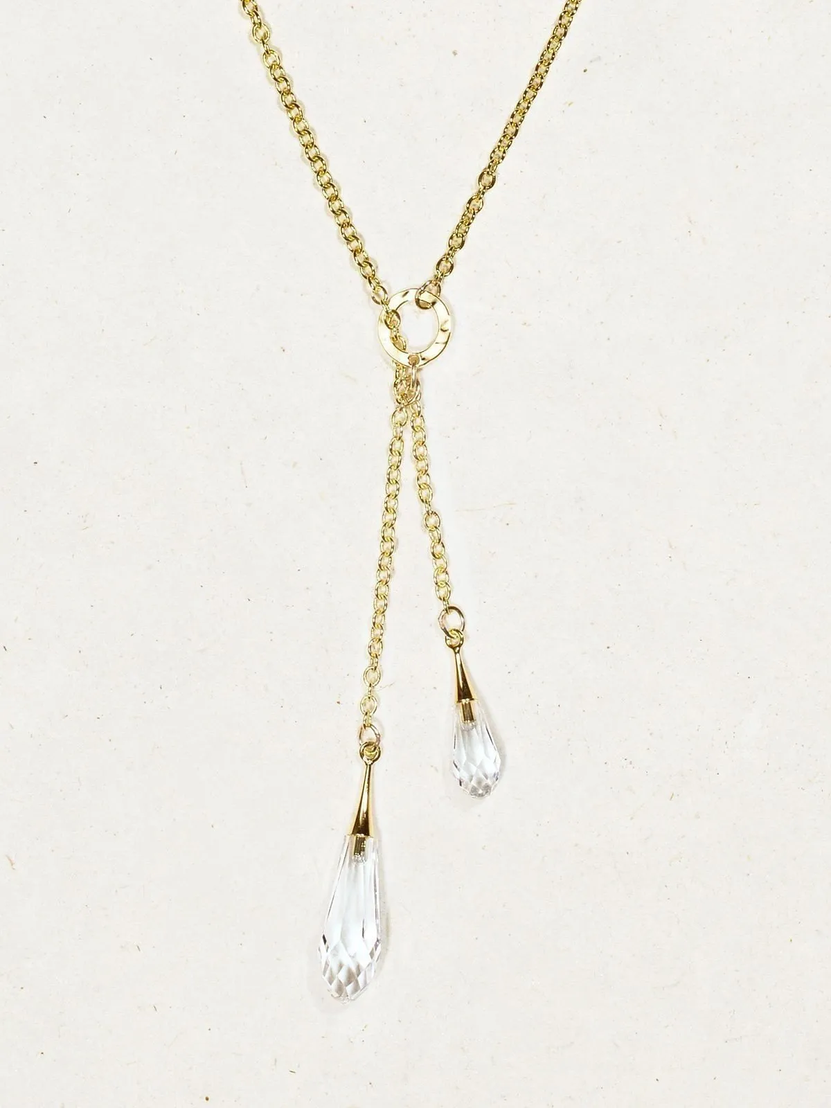 Gold Clear Rain Drop Lariat Necklace