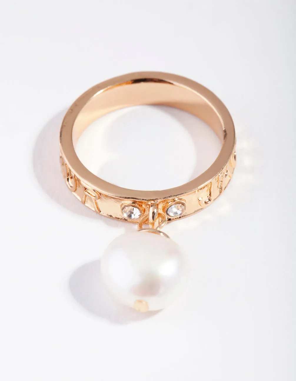 Gold Diamante Freshwater Pearl Charm Band Ring