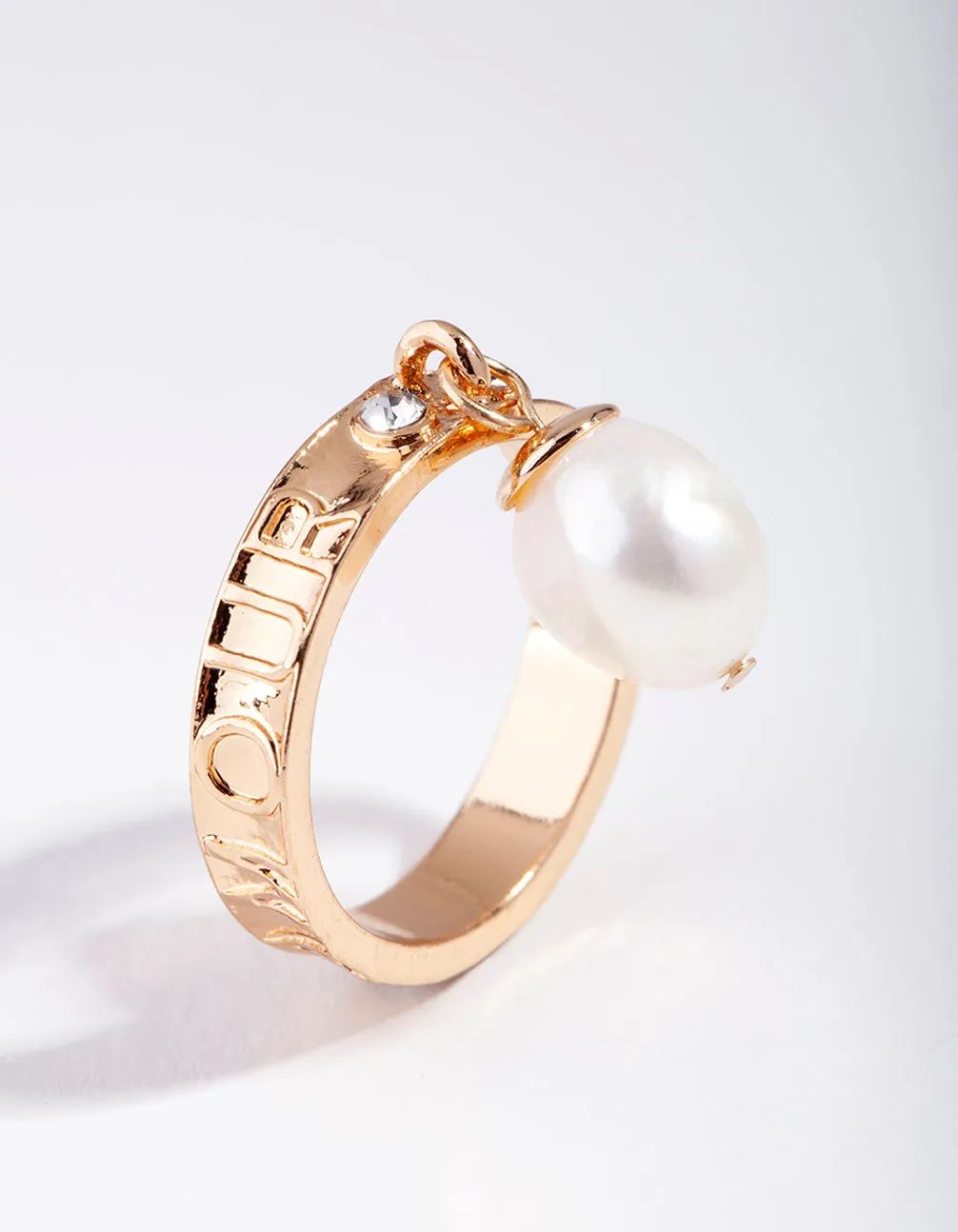 Gold Diamante Freshwater Pearl Charm Band Ring