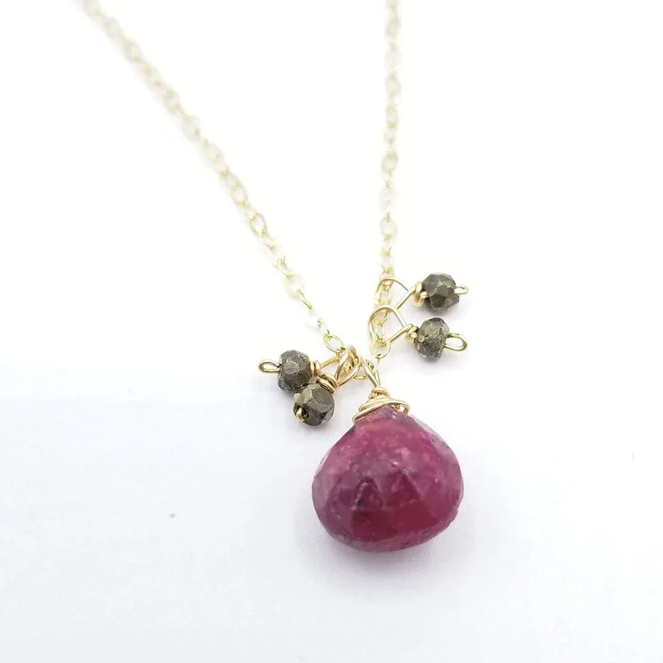 Gold Fill With Pyrite and Ruby Drop Necklace
