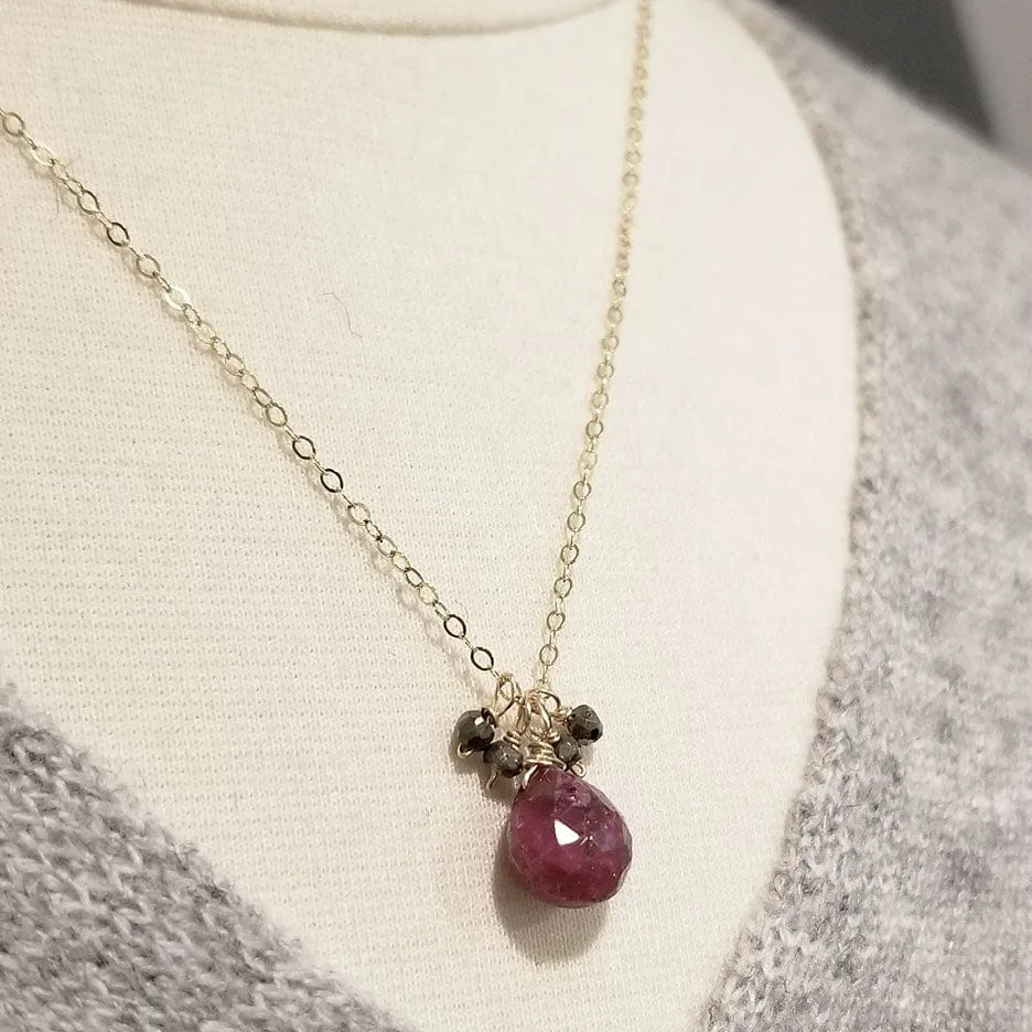 Gold Fill With Pyrite and Ruby Drop Necklace