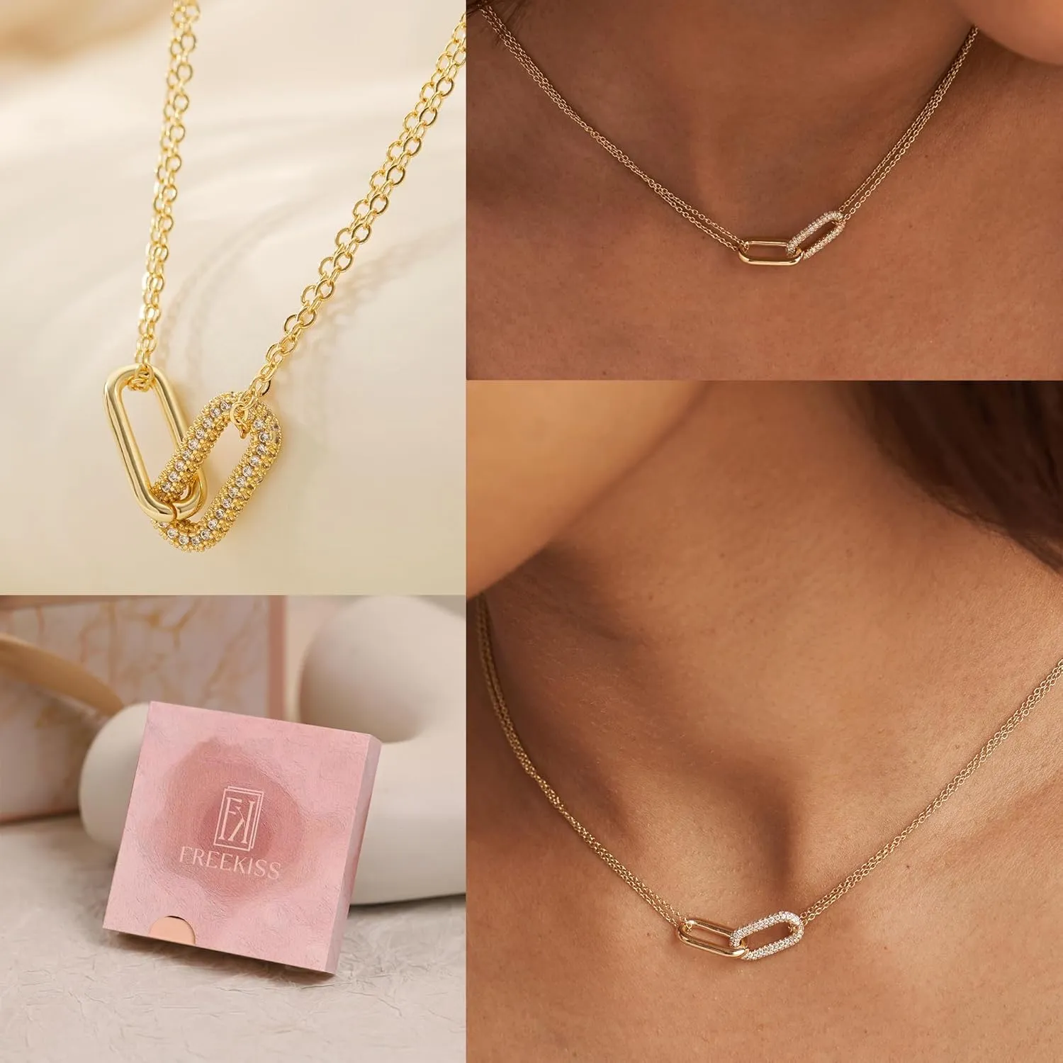 Gold Pendant Necklace for Women, Dainty Diamond Necklaces for Women Simple 14K Gold Plated Paperclip Choker Necklaces Cute Minimalist Open Oval Necklaces Gold Jewelry for Women Gifts