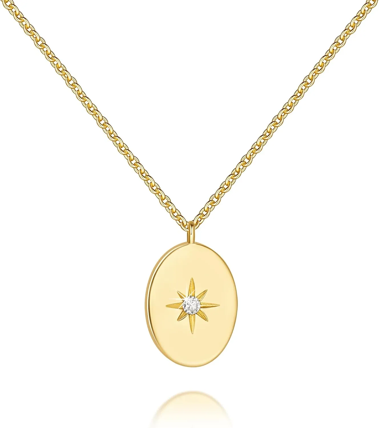 Gold Pendant Necklaces 14K Gold Necklace for Women North Star Pendant Necklaces with Cubic Zirconia Simple Meaningful and Beautifully Design Simple Oval Necklace for Women