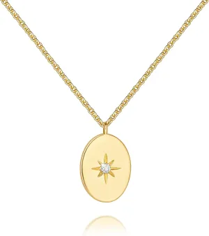 Gold Pendant Necklaces 14K Gold Necklace for Women North Star Pendant Necklaces with Cubic Zirconia Simple Meaningful and Beautifully Design Simple Oval Necklace for Women