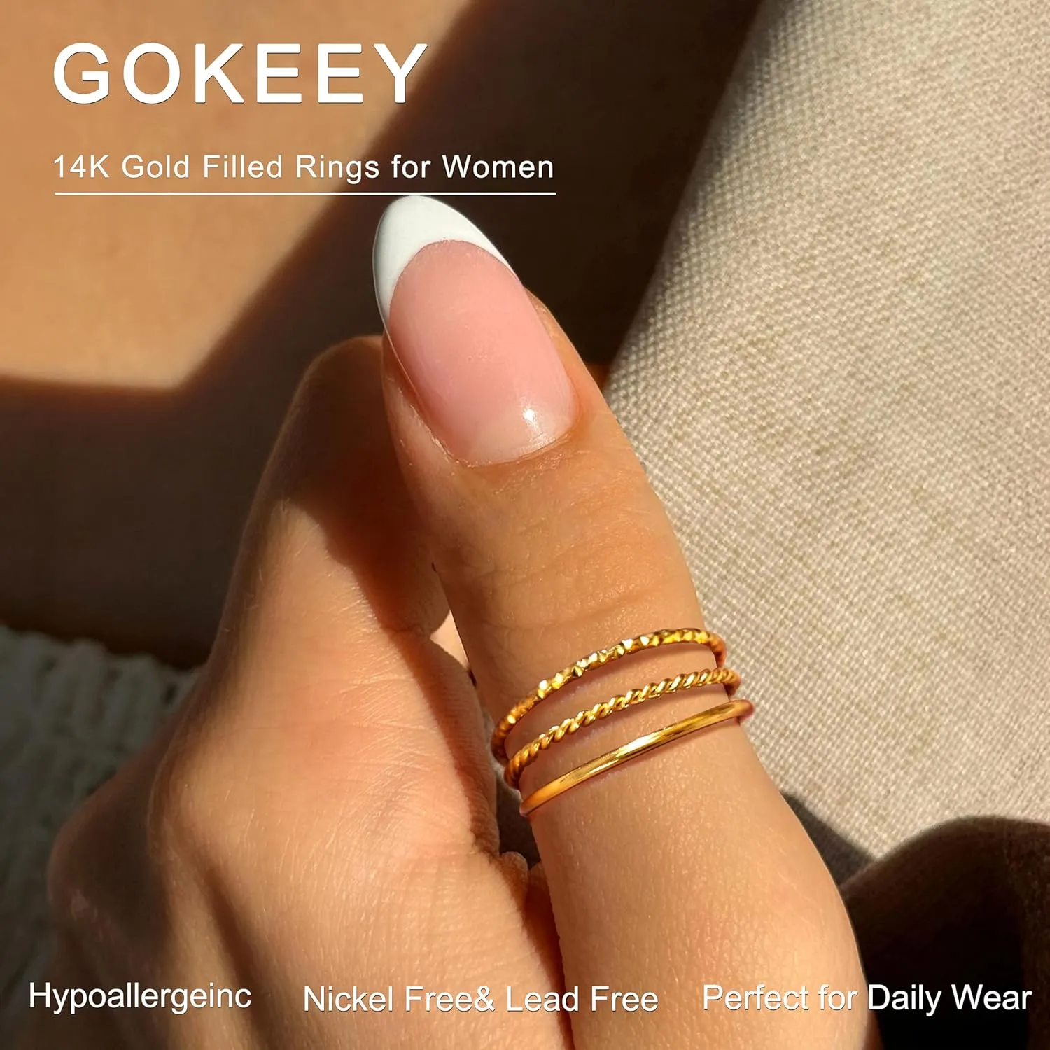 Gold Rings for Women Non Tarnish, Dainty 14K Gold Plated Stackable Thin Thumb Ring Set Trendy Pinky Wedding Bands Engagement Rings for Women Size 6-11