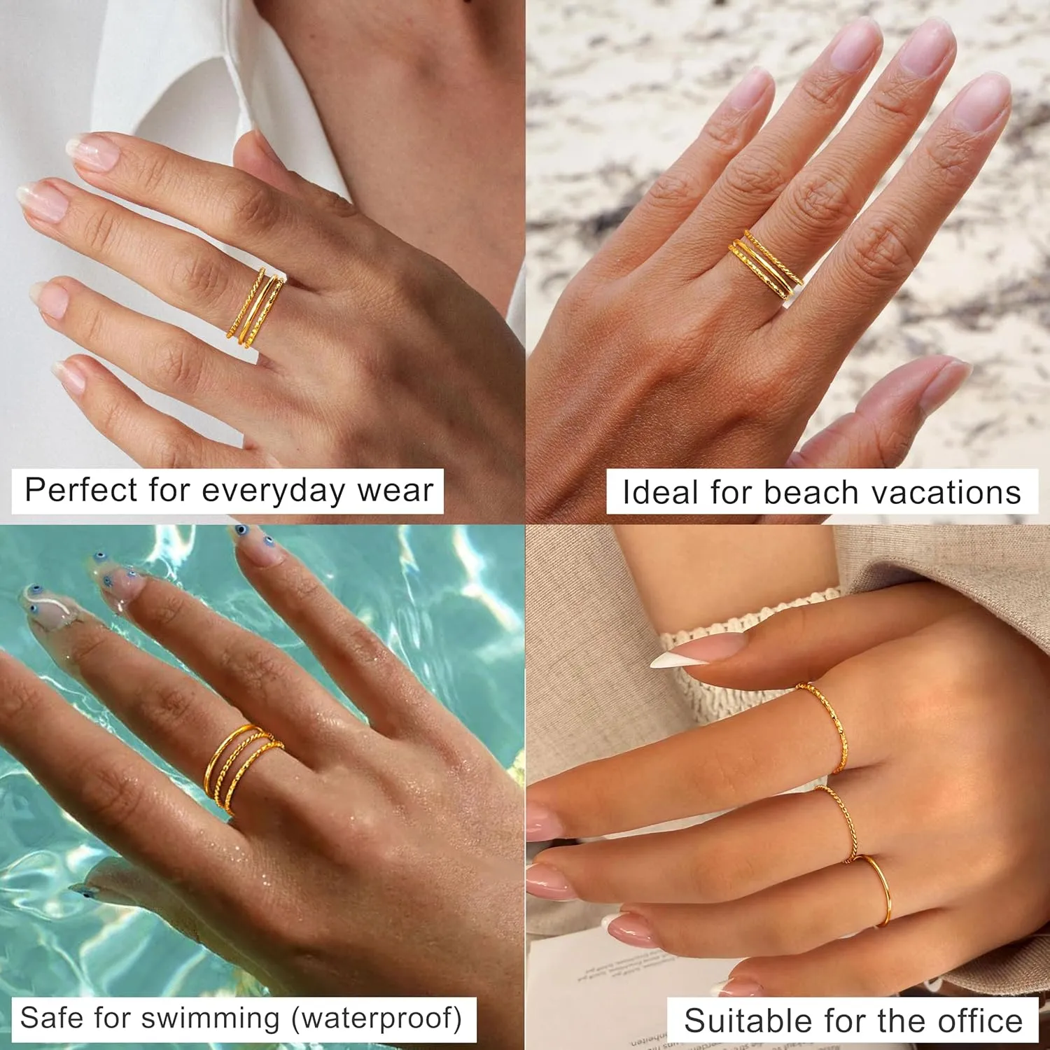 Gold Rings for Women Non Tarnish, Dainty 14K Gold Plated Stackable Thin Thumb Ring Set Trendy Pinky Wedding Bands Engagement Rings for Women Size 6-11