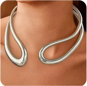 Gold Silver Chunky Choker Necklace For Women Waterdrop Choker Collar Necklace Bold Statement Necklaces Spring Hinged Open Necklaces Trendy Jewelry
