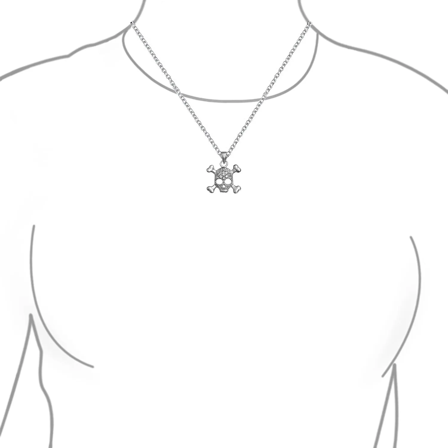 Goth Biker Skull & Crossbones CZ Pendant Necklace in Sterling Silver