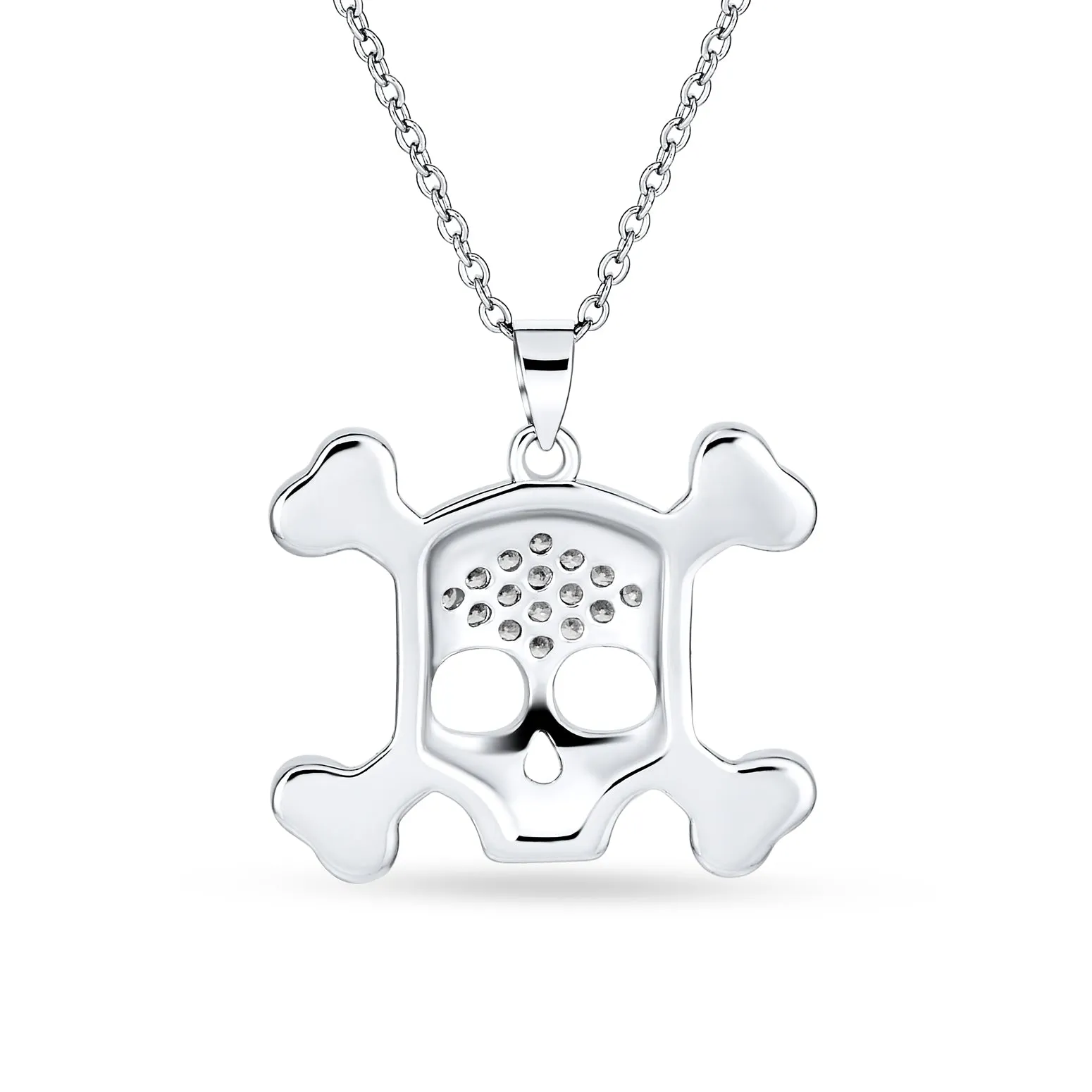 Goth Biker Skull & Crossbones CZ Pendant Necklace in Sterling Silver