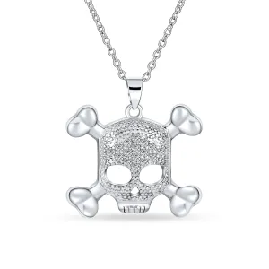 Goth Biker Skull & Crossbones CZ Pendant Necklace in Sterling Silver